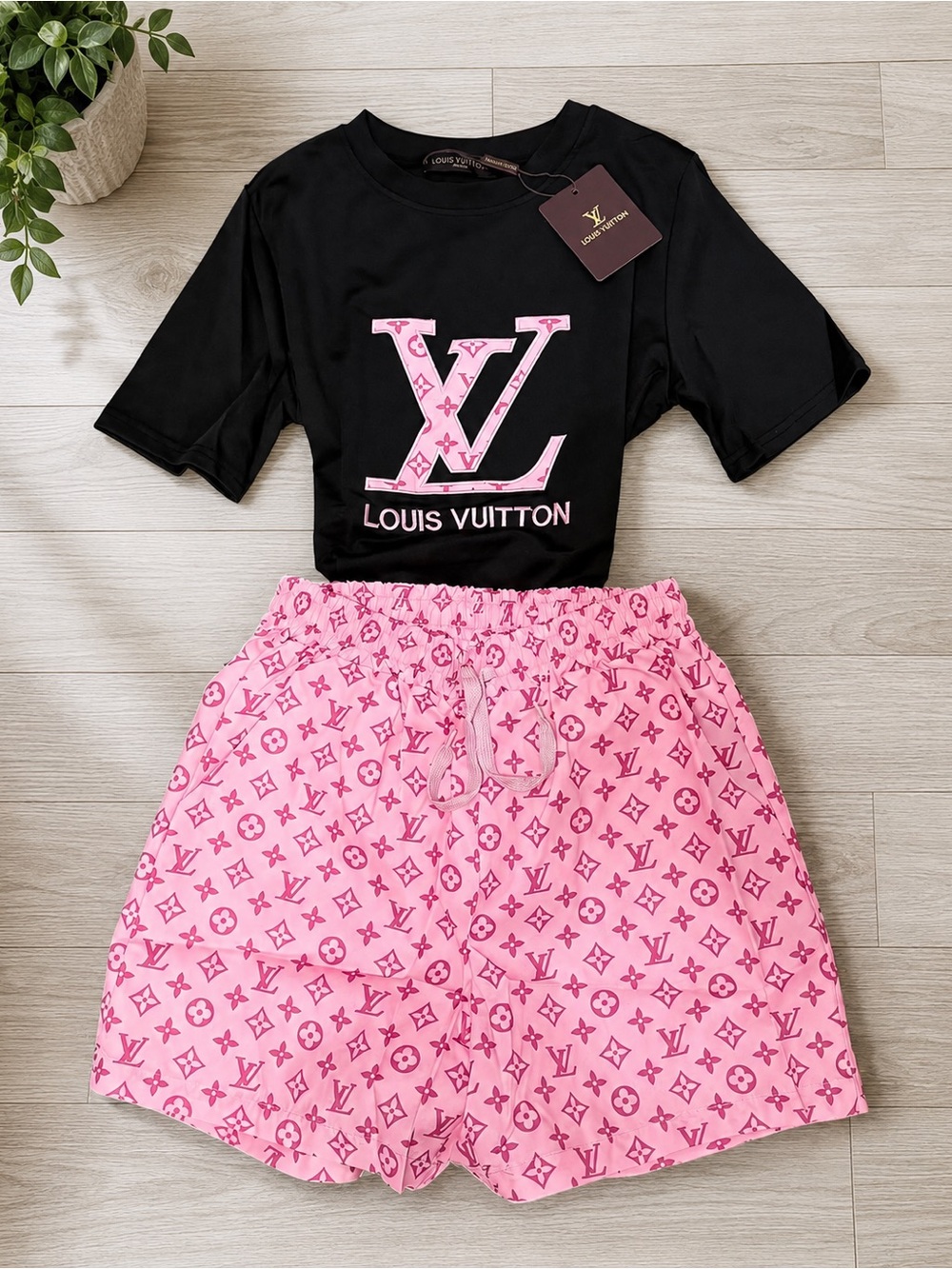 Louis Vuitton Two-Piece Logo Tee & Shorts Set in Black & Pink size M